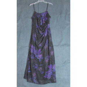 Vintage Harlow Nites Dress Womens Size 10 Black Purple Floral Sleeveless Evening